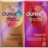Durex - 20 Condooms voor extra sensatie - Nude Extra Dun en Lube 10st - Thin Feel Dun en Extra Lube 10st