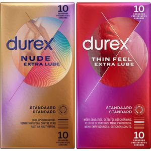 Durex - 20 Condooms voor extra sensatie - Nude Extra Dun en Lube 10st - Thin Feel Dun en Extra Lube 10st