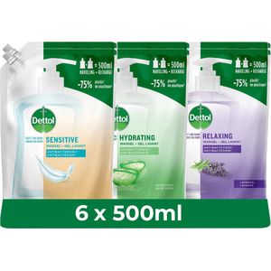 Dettol - Handzeep - Antibacterieel - 2x 500ml Navulling Hydrating Aloe Vera - 2 x 500ML Navulling Refill Sensitive - 2x 500ML Navulling Relaxing Lavender - Voordeelpakket