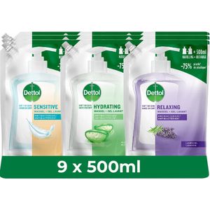 Dettol - Handzeep - Antibacterieel - 4,5L - 3x 500ML Navulling Hydrating Aloe Vera - 3x500ML Navulling Sensitive - 3x500ML Navulling Relaxing Lavender - met 75% minder Plastic - Voordeelverpakking