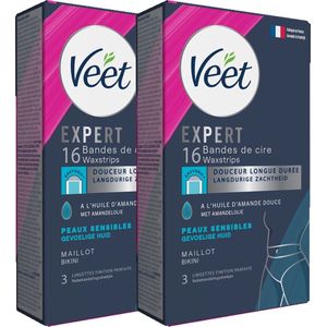 Veet Expert Koude Waxstrips Bikini Sensitive 16 stuks per verpakking - Voordeelverpakking - 2 stuks