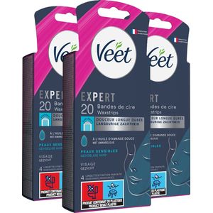 Veet Expert Ontharingsstrips - Gezicht - Gevoelige huid - 20 stuks - 3 stuks - Voordeelverpakking
