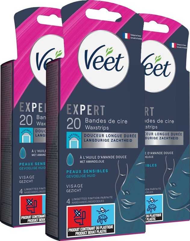 Veet Expert Ontharingsstrips - Gezicht - Gevoelige huid - 20 stuks - 3 stuks - Voordeelverpakking