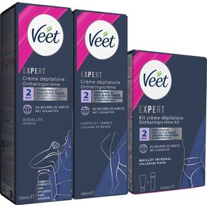 Veet - Expert - 1 x Ontharingscreme Benen 100ml - 1x Veet - Expert - Ontharingscreme Oksels 100ml - 1x Veet - Expert - Ontharingscreme Bikini Kit 100ml (2 x 50ml) - Voordeelverpakking