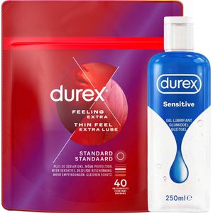 Durex - Condooms Thin Feel Extra Lube (Dun met Extra Glijmiddel) 40 stuks - Glijmiddel Sensitive 250 ml - Voordeelverpakking