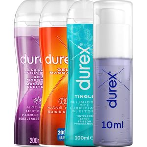 Durex - 3 Glijmiddelen en 1 Stimulerende gel - Voor Masturbation - Waterbasis – Massage 2in1 Ylang Ylang 200ml - Massage 2in1 Aloe Vera 200ml – Tingle 100ml - Orgasm Intense Stimulerende Glijmiddel 10ml - Voordeelverpakking