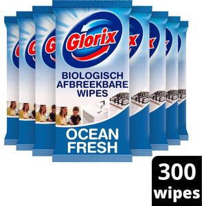 Glorix Schoonmaakdoekjes Ocean Fresh, Biologisch Afbreekbare Wipes 100% Hygiene - 12 x 25 doekjes - Voordeelverpakking