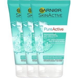 Garnier PureActive Reinigingsgel Anti-Eters voor een Gemengde Huid - Tegen mee-eters & verstopte poriën - 3 x 150 ml - Voordeelverpakking