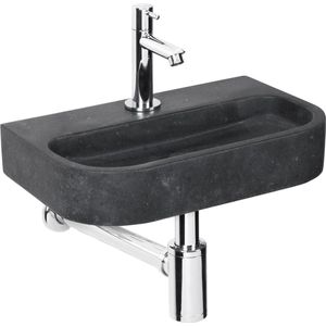Differnz Ovale Small Fonteinset - Wasbak Natuursteen - Zwart - Rechte Kraan - Chroom - Standaard Greep - 38 x 24 x 8 cm
