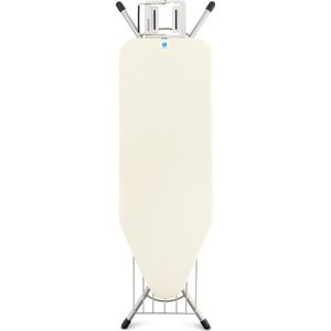 Brabantia Strijkplank C, 124x45 cm Ecru met rvs strijkijzerhouder en linnenrek - Brilliant Silver