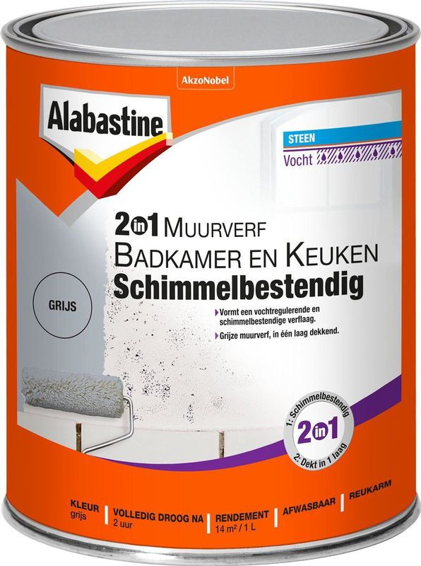 Alabastine - Muurverf - Grijs - 1 Liter - Schimmelbestendig