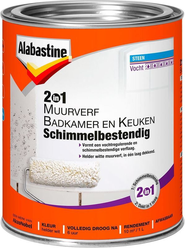 Alabastine - 2 In 1 Badkamer en Keuken Muurverf - Wit - 1 liter