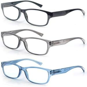 3 stuks leesbrillen 1.25 heren/dames, goede bril, hoogwaardig, rechthoekig, comfortabel, super leeshulp, voor mannen en vrouwen, zwart-blauw-grijs