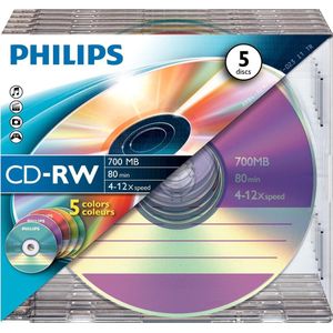 Philips CD-RW blanco's 80Min 700MB 4-12x 5er Slim Case Coloured