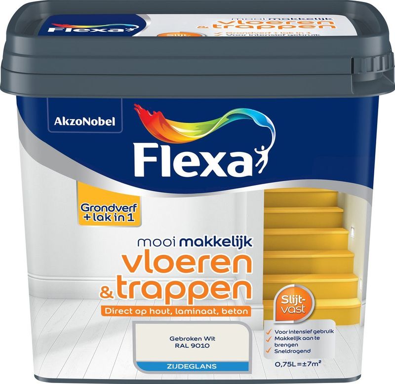 Flexa - Mooi Makkelijk Vloeren & Trappen Zijdeglans - Muurverf - Gebroken wit / RAL 9010 - 0,75 Liter