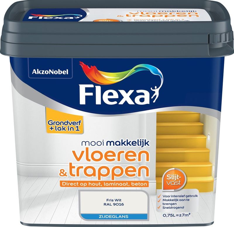 Flexa - Mooi Makkelijk Vloeren & Trappen Zijdeglans - Muurverf - Fris wit / RAL 9016 - 0,75 Liter