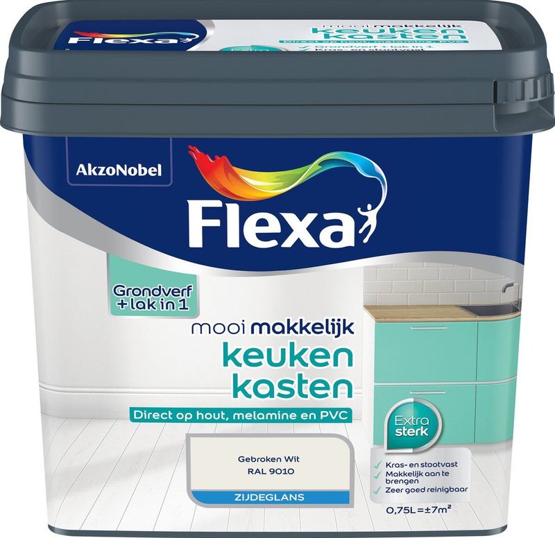Flexa - Mooi Makkelijk Keukenkasten Zijdeglans - Muurverf - Gebroken wit / RAL 9010 - 0,75 Liter