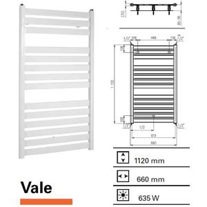 Designradiator plieger vela 635 watt zijaansluiting 112x66 cm wit