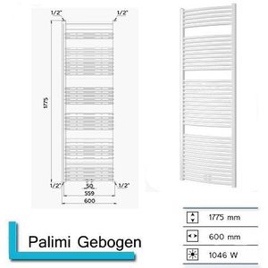 Plieger Palmyra designradiator horizontaal gebogen middenaansluiting 1775x600mm 1046W wit