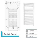 Handdoekradiator palimi recht 1175x600 mm zilver metallic