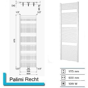 Plieger Palmyra designradiator horizontaal middenaansluiting 1775x600mm 1019W wit structuur