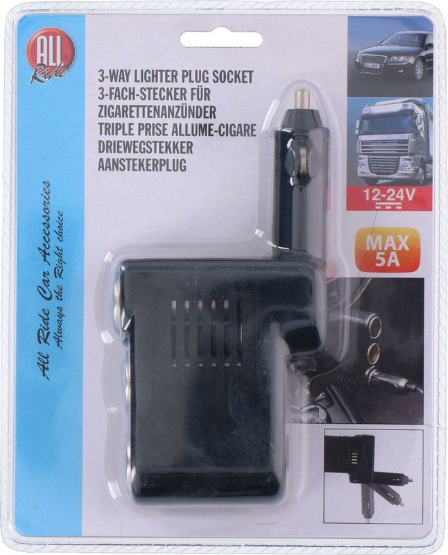 All Ride - 3-Weg Verdeelstekker - Zwart - Kunststof/Metaal - 12/24Volt