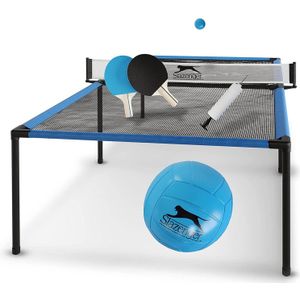 Slazenger Spyder Air tafeltennistafel, tafeltennisbatje, 240 x 120 x 63 cm, lichte en compacte tafeltennistafel, tafeltennistafel voor buiten, voor meerdere spelletjes, zwart/blauw