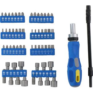 Kinzo Gereedschapset: Bitset/ Doppenset met Ratel - 14 Doppen - 42 Bits - o.a. Torx, Inbus en Kruiskop -  58 Stuks