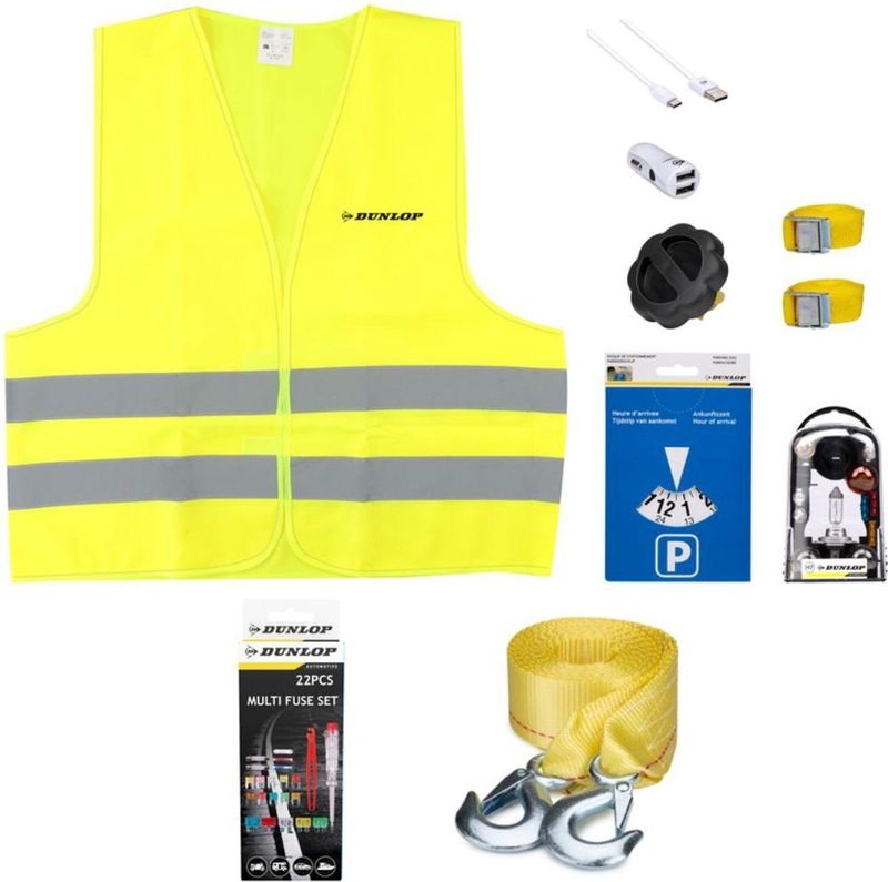Dunlop - Auto Noodset - Sjorbanden - Sleepkabel - Reflecterend Veiligheidsvest - Autolader - Parkeerschijf - Zekeringen - Tankdop