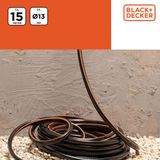 BLACK+DECKER Tuinslang 15 Meter - 13MM - Duurzaam PVC - Tuin Besproeien, Auto Wassen, Zwembad Vullen - Past op Elke Standaard Kraan - Zwart/Oranje