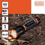 BLACK+DECKER LED Zaklamp 60 Lumen - 1W - AA-Batterij (Excl.) - 65M Bereik - 3 Lichtstanden: Hoog, Laag, Pulserend - Zwart/Oranje