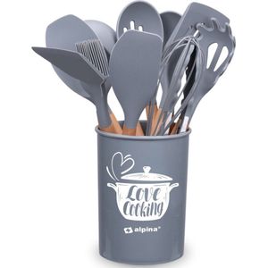 Alpina - Keukengerei Set - 12 Stuks - Siliconen Gerei met Houten Handvat - Grijs