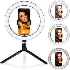 GRUNDIG GRUNDIG Ring Light Selfie op statief – ringlicht – ø 25 cm – 3 lichtkleuren – 11 helderheidsniveaus – oplaadbaar via USB – telefoonhouder – statief – ledverlichting