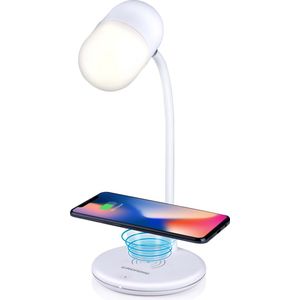 GRUNDIG Bureaulamp LED 3-in-1 - draadloze telefoon oplader Qi technologie - Bluetooth luidspreker - leeslamp - wit