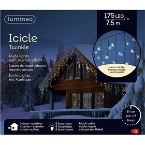 Lumineo - Kerstverlichting - IJspegel - Lichtgordijn - 7,5 meter - 175 LED - zwart snoer - warm wit - voor binnen & buiten