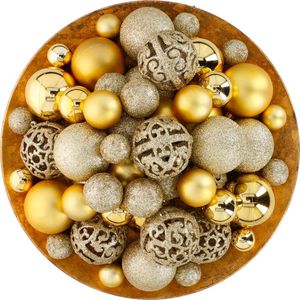 Giftsome Kerstballen, set van 101 kerstballen, kerstboomversiering, onbreekbaar, voor binnen en buiten, kunststof, diameter 3/4/6 cm, mat, glanzend, glinsterend, open, goudkleurig