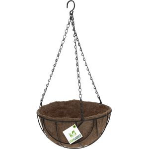 Metalen hanging basket / plantenbak zwart met ketting 25 cm inclusief kokosinlegvel - Hangende bloemen