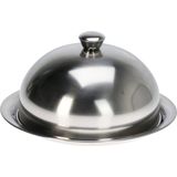 Excellent Houseware serveerschaal stolp met dienblad - zilver - rvs - D25 x H12 cm - voedsel serveren - met deksel