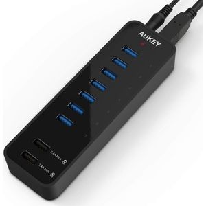 AUKEY SuperSpeed 7-poorten USB 3.0-hub met 2 slimme oplaadpoorten (tot 2.4A) met USB 3.0-kabel en 12V 4A-voedingsadapter, CB-H18