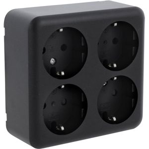 Q-Link - Viervoudige Wandcontactdoos - Opbouw - Randaarde - Zwart