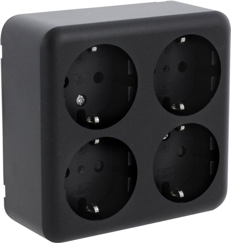 Q-Link - Viervoudige Wandcontactdoos - Opbouw - Randaarde - Zwart