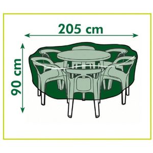 <p>Deze tuinmeubelhoes van Nature is geschikt voor een ronde tuinmeubelset. De donkergrijze hoes is gemaakt van uv-bestendig polyethyleen en beschermt je tuinmeubelen tegen diverse weersomstandigheden en stof. De hoes is uitgerust met oogjes en aanhaalkoorden aan de onderkant.</p>
<ul>
  <li>Materiaal: uv-bestendig polyethyleen (PE)</li>
  <li>Dichtheid: 100 g/m²</li>
  <li>Afmetingen: 90 x 205 cm (H x ø)</li>
  <li>Kleur: donkergrijs</li>
  <li>Materiaal: Polyethyleen: 100%</li>
</ul>