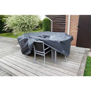 <p>Deze tuinmeubelhoes van Nature is geschikt voor een ronde tuinmeubelset. De donkergrijze hoes is gemaakt van uv-bestendig polyethyleen en beschermt je tuinmeubelen tegen diverse weersomstandigheden en stof. De hoes is uitgerust met oogjes en aanhaalkoorden aan de onderkant.</p>
<ul>
  <li>Materiaal: uv-bestendig polyethyleen (PE)</li>
  <li>Dichtheid: 100 g/m²</li>
  <li>Afmetingen: 90 x 325 cm (H x ø)</li>
  <li>Kleur: donkergrijs</li>
  <li>Materiaal: Polyethyleen: 100%</li>
</ul>