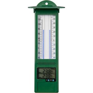 <p>Deze digitale min-max thermometer van Nature is zowel praktisch als stijlvol. Hij is een wandthermometer gemaakt van kunststof en heeft een groene kleur. De thermometer bevat alcoholische vloeistoffen, waarmee deze de omgevingstemperatuur (mechanische en digitale weergaven) kan aangeven, evenals extreme (min en max) temperaturen kan onthouden. Bovendien heeft hij twee drukknoppen om de metingen op nul te resetten. De thermometer kan temperaturen in Celsius of Fahrenheit weergeven.</p>
<p>Specificaties:</p>
<ul>
  <li>Kleur: groen</li>
  <li>Materiaal: PP (polypropyleen)</li>
  <li>Afmetingen: 9,5 x 2,5 x 24 cm (L x B x H)</li>
  <li>Mechanische en digitale weergaven</li>
  <li>Onthouden van extreme (min en max) temperaturen</li>
  <li>Met twee drukknoppen om naar nul te resetten</li>
  <li>Weergave in Celsius of Fahrenheit</li>
</ul>