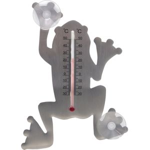 Binnen/buiten thermometer grijze kikker 16 cm met zuignapen