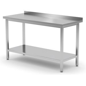 HENDI Werktafel, wandtafel, keukentafel met plank, multifunctionele tafel, voor zelfmontage, verstelbare poten, met achterwand 40 mm, 1200 x 600 x 850 mm, roestvrij staal