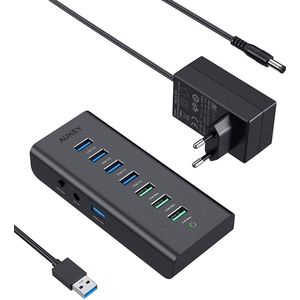 AUKEY USB-hub aangedreven opladen CB-H19, 7-poorts USB 3.0-hub met 3 oplaadpoorten, 4 USB 3.0-datapoorten, 12 V / 3 A stroomadapter, aan / uit-schakelaar voor laptop, pc, Mac, harde schijf harde schijf (zwart)