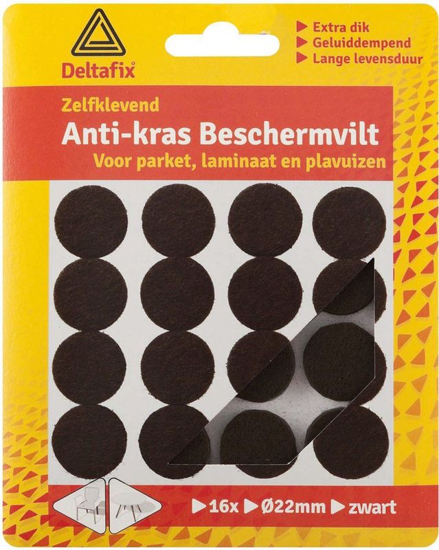 Deltafix Anti-krasvilt - 16x - zwart - 22 mm - rond - zelfklevend - meubel beschermvilt