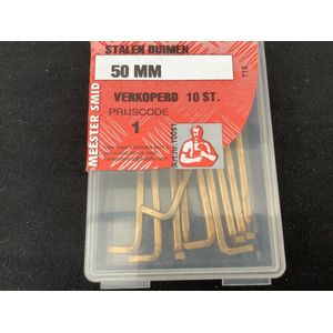 Ophanghaak verkoperd. 50 mm. Lang. Stalen duimen. 10 stuks. Meestersmid.