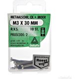 Deltafix. Metaalschr. Cilinder-gleuf-kop.+ Moer M3 x 30 mm R.V.S., 10 Stuks bouten met moeren.